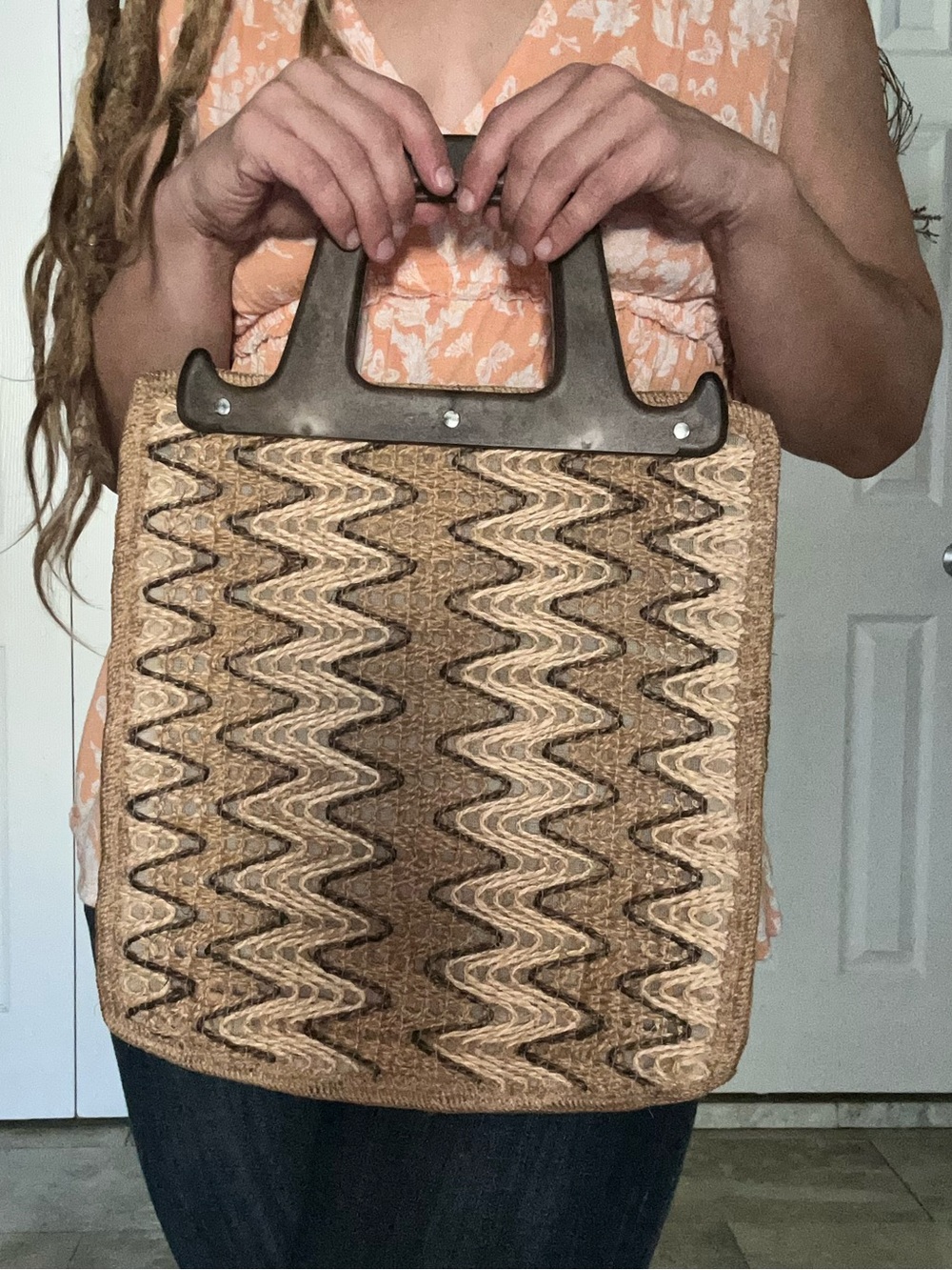 Vintage 70s Natural Fiber Wood Handle Boho Purse Bag Spring Summer Fall